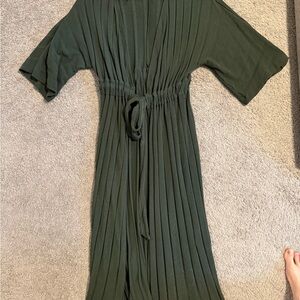 Lush Olive Green Pleated Maxi Dress with Waist Tie